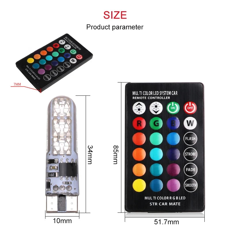 2x T10 Waterproof W5w 501 Car Wedge Side Light Bulb-6SMD 5050 RGB 7 Color LED Remote Control (NO Battery)Strobe Flash Wedge Lamp