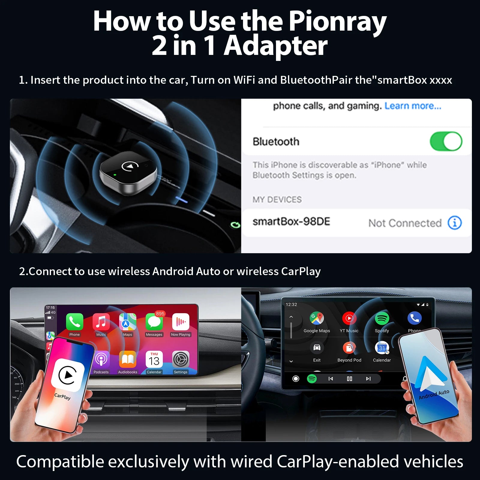 2026 Pionray 2 in 1 Wireless CarPlay Adapter&Android Auto Wireless Adapter, 5Ghz WiFi Type-C/USB Plug Play CarPlay Wireless