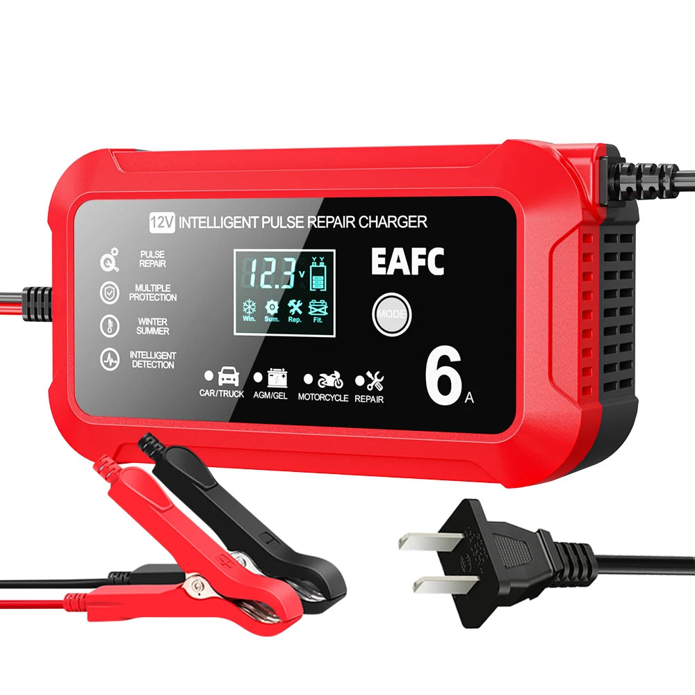 Car Battery Charger 6A 12V Car and Motorcycle Battery Charging Device Lead-acid Battery Smart Repair LCD Display