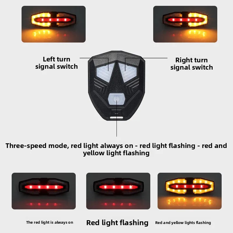 Wireless bicycle steering remote control warning tail light with horn, high volume prompt sound, USB charging night riding turn