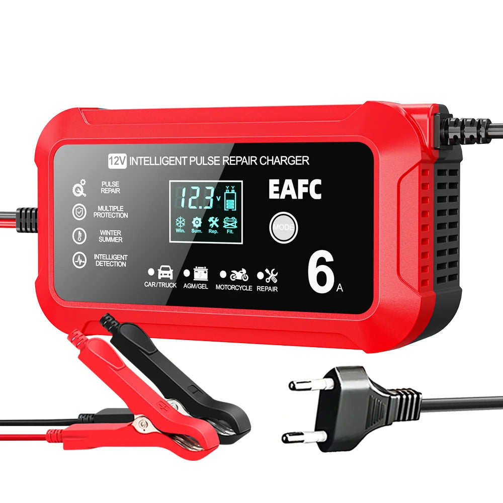 Car Battery Charger 6A 12V Car and Motorcycle Battery Charging Device Lead-acid Battery Smart Repair LCD Display