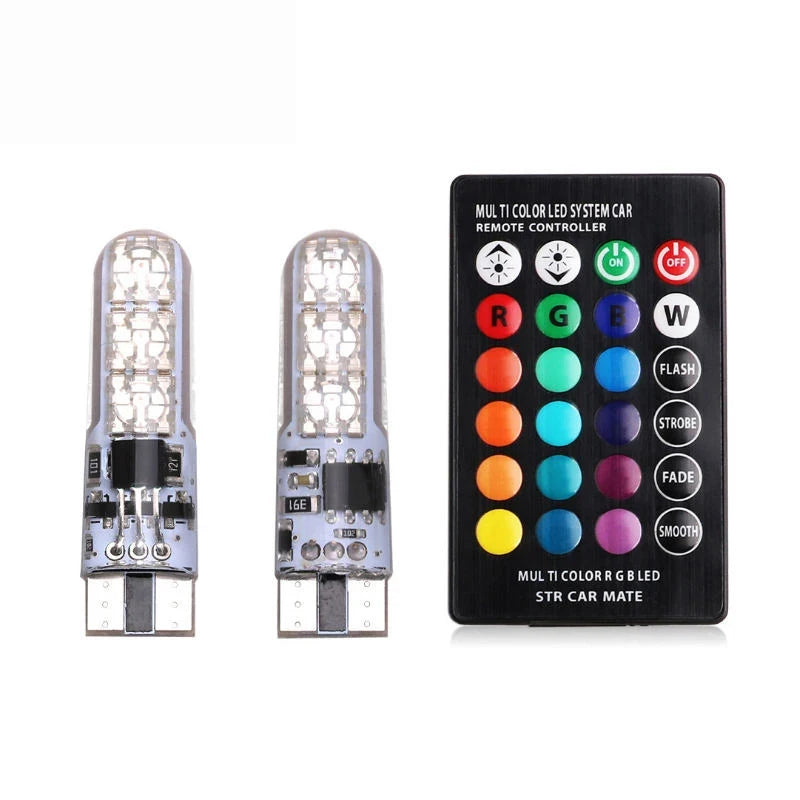 2x T10 Waterproof W5w 501 Car Wedge Side Light Bulb-6SMD 5050 RGB 7 Color LED Remote Control (NO Battery)Strobe Flash Wedge Lamp